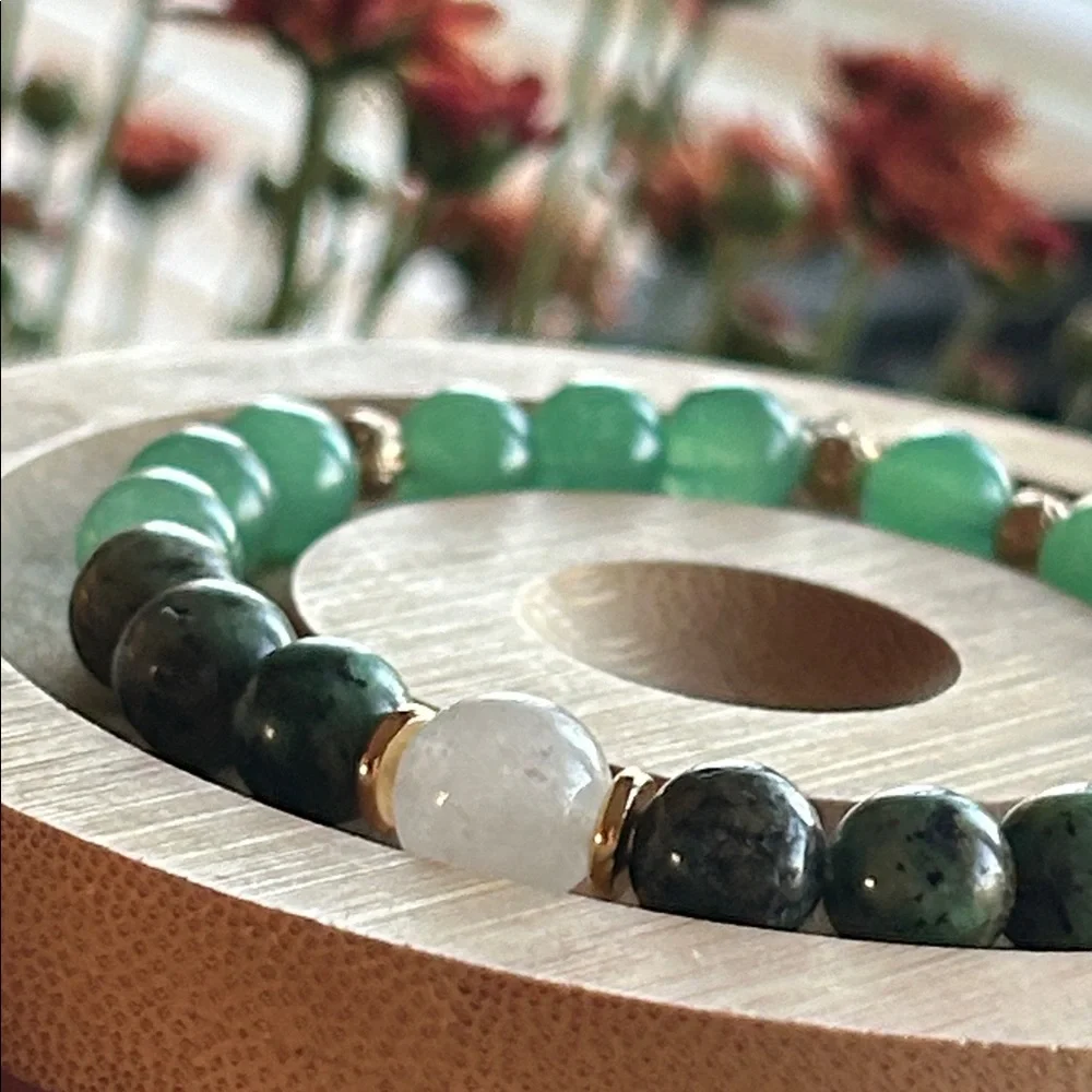 Handmade Green Aventurine + African Turquoise Jasper +Moonstone Beaded Bracelet*